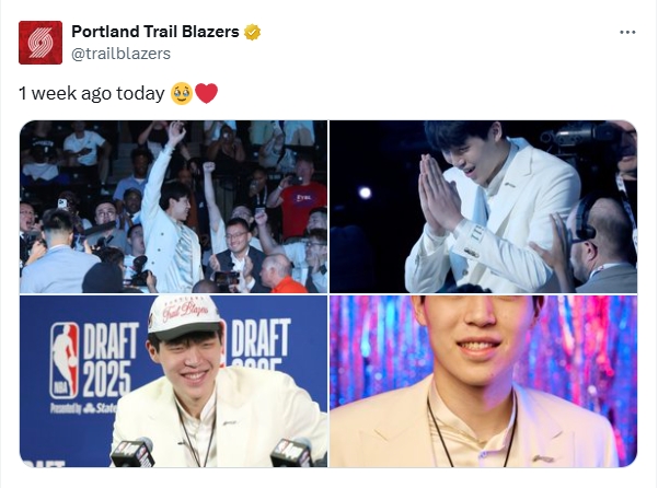 第16顺位！开拓者官推晒杨瀚森被选中帅照：一周前的今天🥹❤️